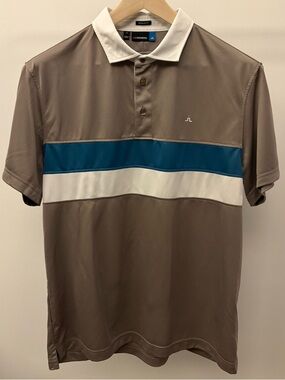 J.Lindeberg Taupe Polo with Teal and White Stripes